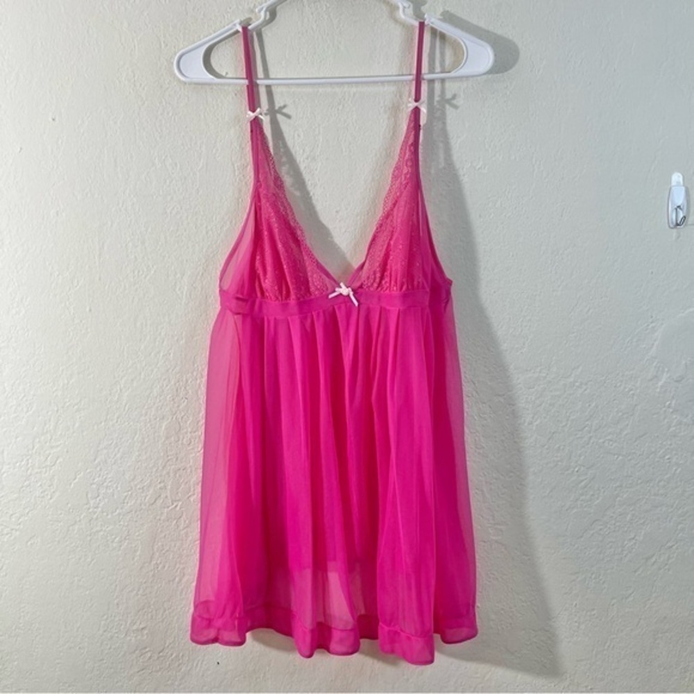 Betsey Johnson Sheer Babydoll Nightie Lace Bows Slip Dress Size Medium Pink